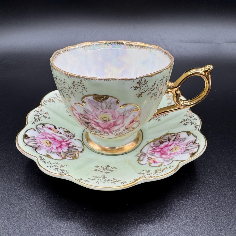 Vintage Lefton China Hand Painted Floral Teacup & Saucer Gold Trim Set